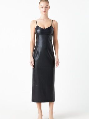 GREY LAB Black Faux Leather Midi Slip Dress